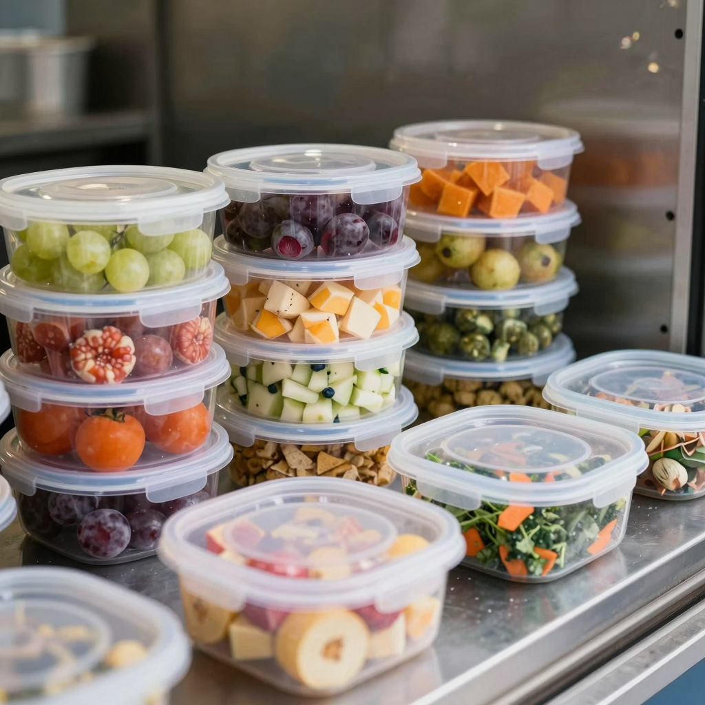 Various plastic food containers in use at a food service setting