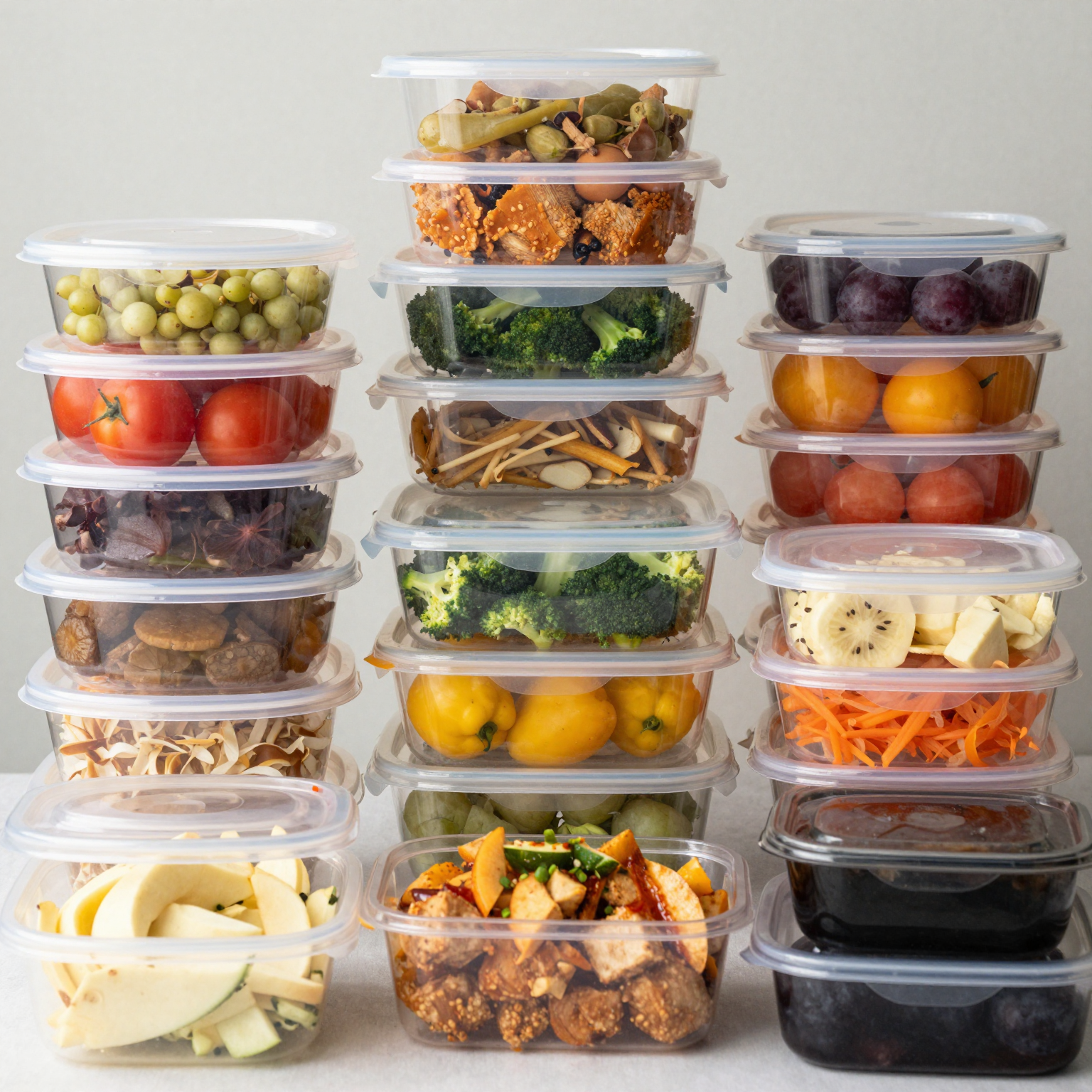Various types of food stored in plastic containers