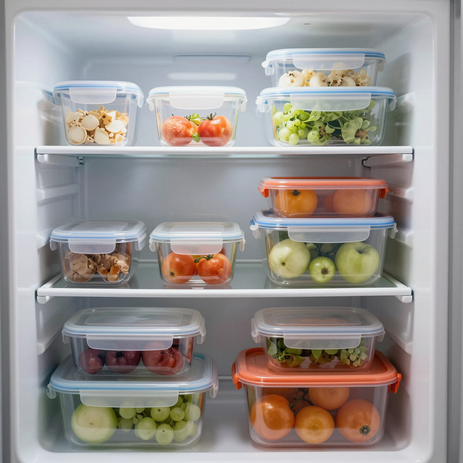 Plastic food containers in a freezer