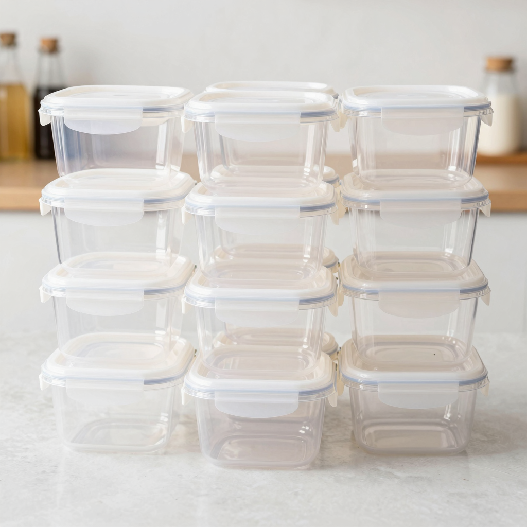 10-inch plastic food storage containers with white lids in a cheerful kitchen setting