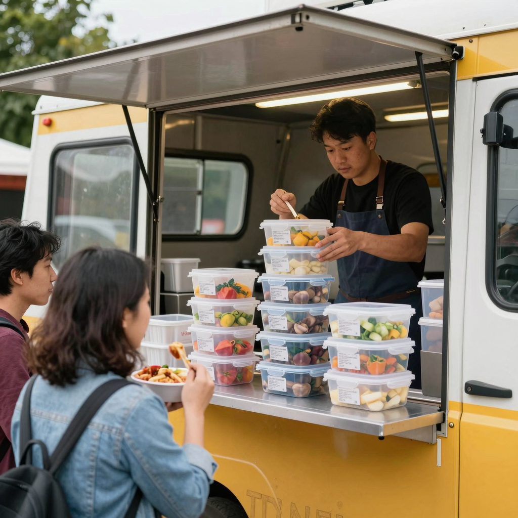 A vibrant food truck scene, showcasing a mobile catering service successfully using plastic food storage containers with screw top lids. The food truck is bustling with customers, displaying efficiency in food preparation and serving. The image depicts satisfied customers enjoying their meals, highlighting the convenience and utility of the storage containers in a busy outdoor setting.