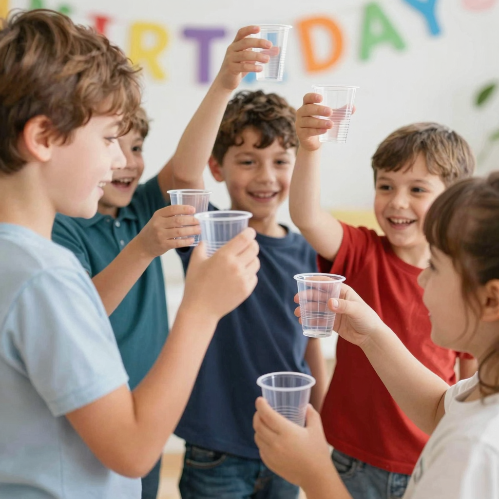 Kids enjoying party with small clear plastic cups
