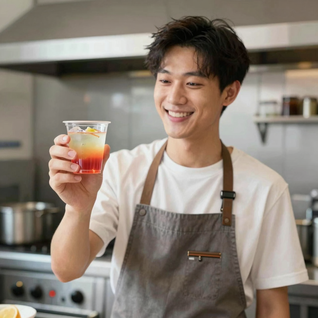 Happy restaurant owner with shot cups