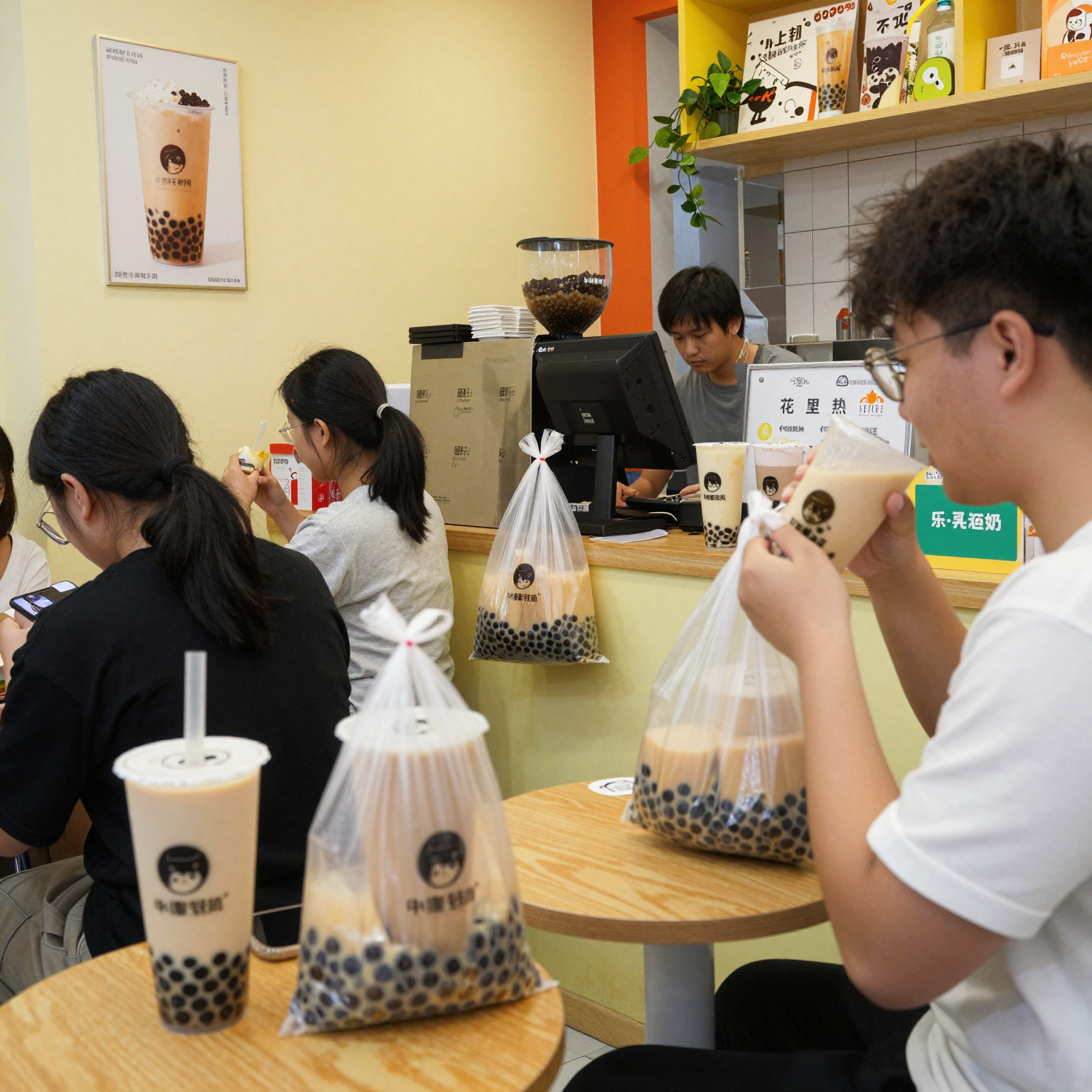 Bubble tea shop with customers enjoying their drinks and takeaway orders in small plastic bags