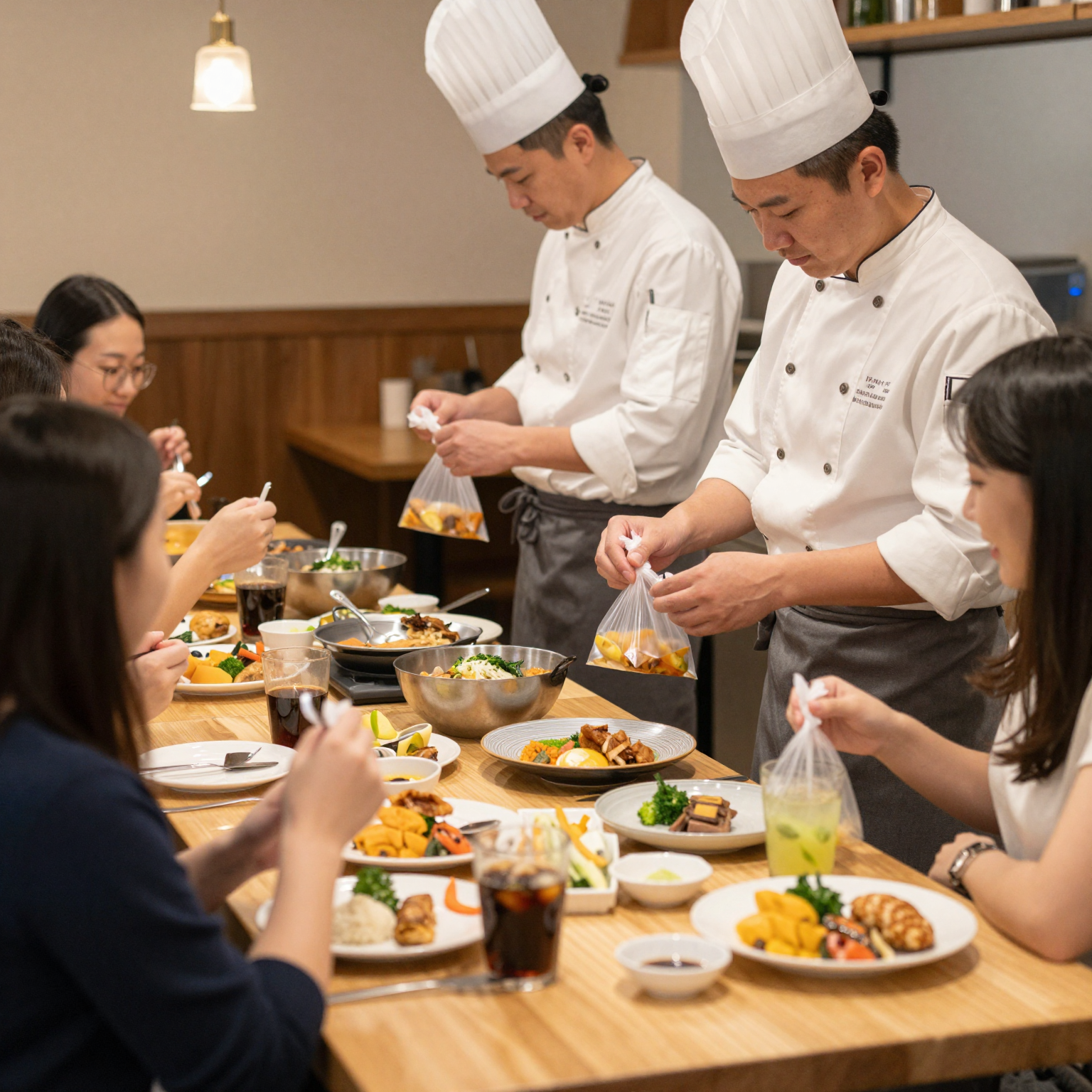 Cozy restaurant with staff using small plastic bags for efficient food packaging