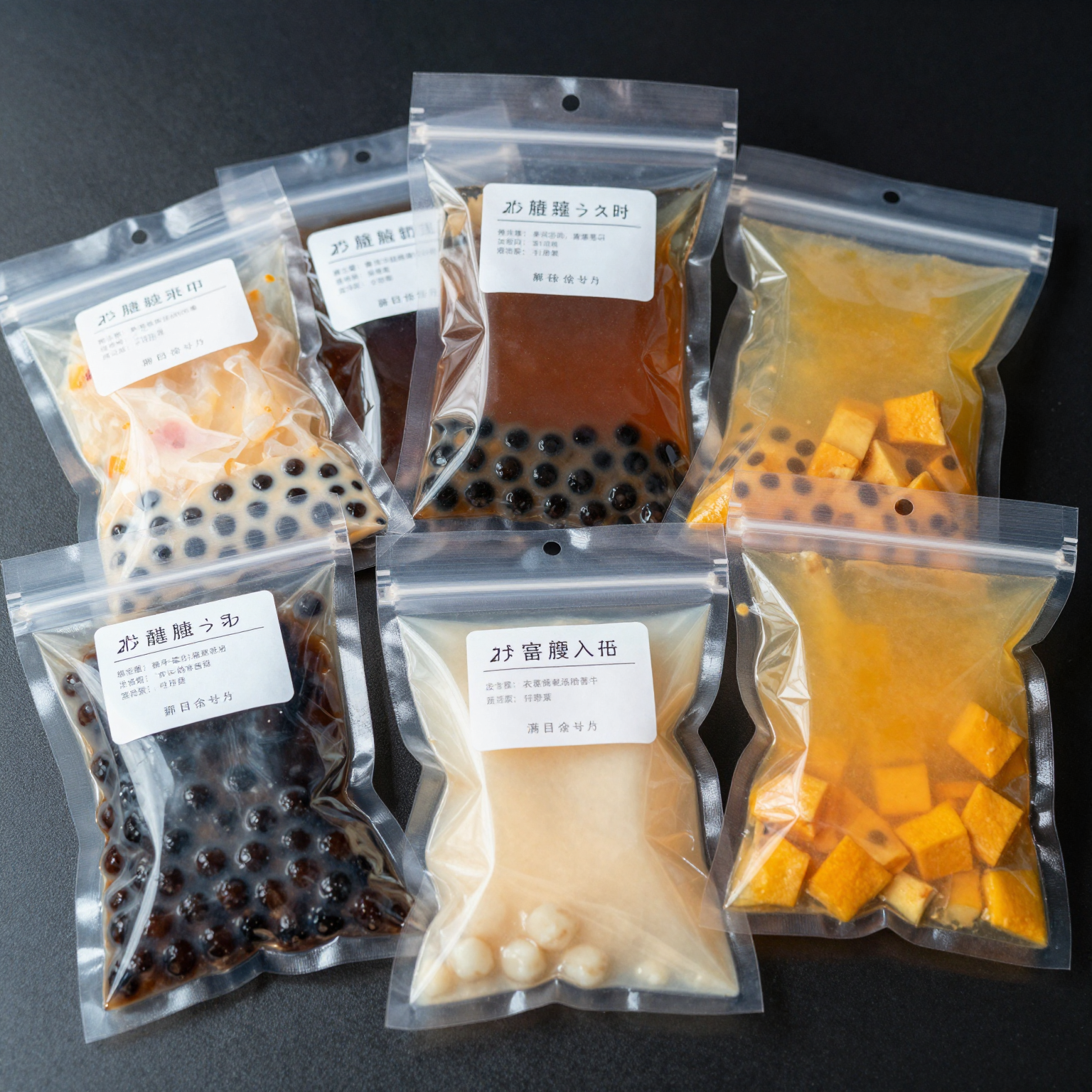 Food items packaged in small plastic bags