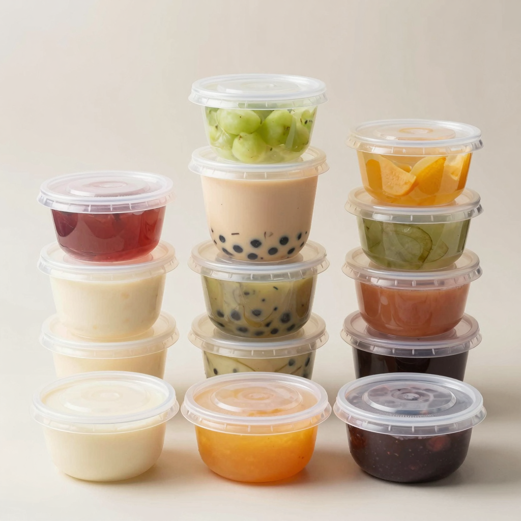 A variety of small plastic food containers with lids showcasing different sizes and styles suitable for various food businesses.