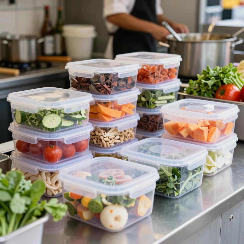 Square plastic food storage containers in a busy restaurant setting
