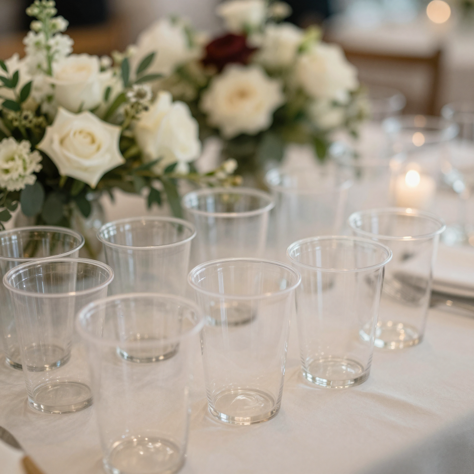 Elegant Wedding Setup with Clear Plastic Cups