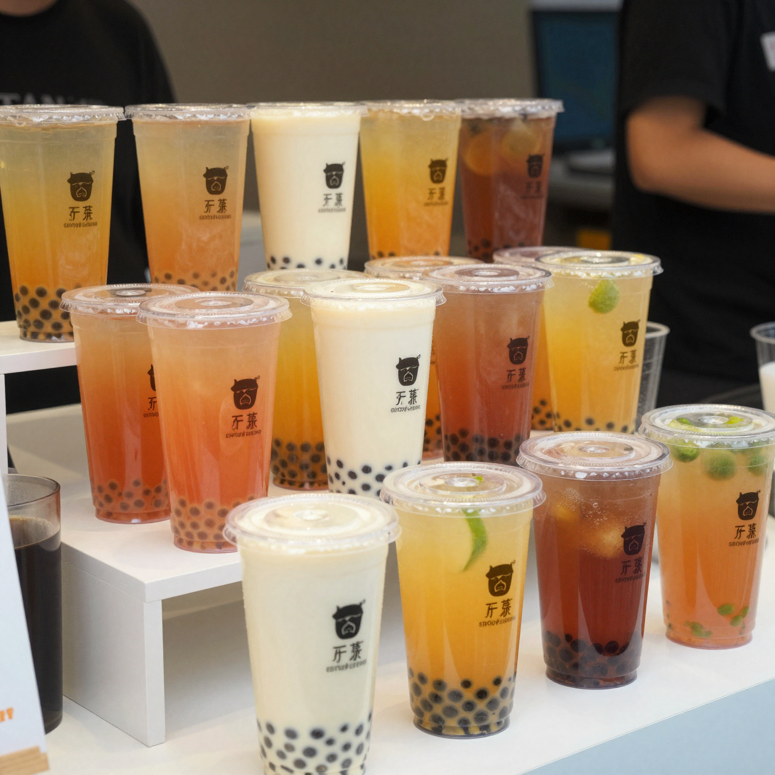 Vibrant display of 32-ounce clear plastic cups filled with colorful beverages at a bubble tea shop