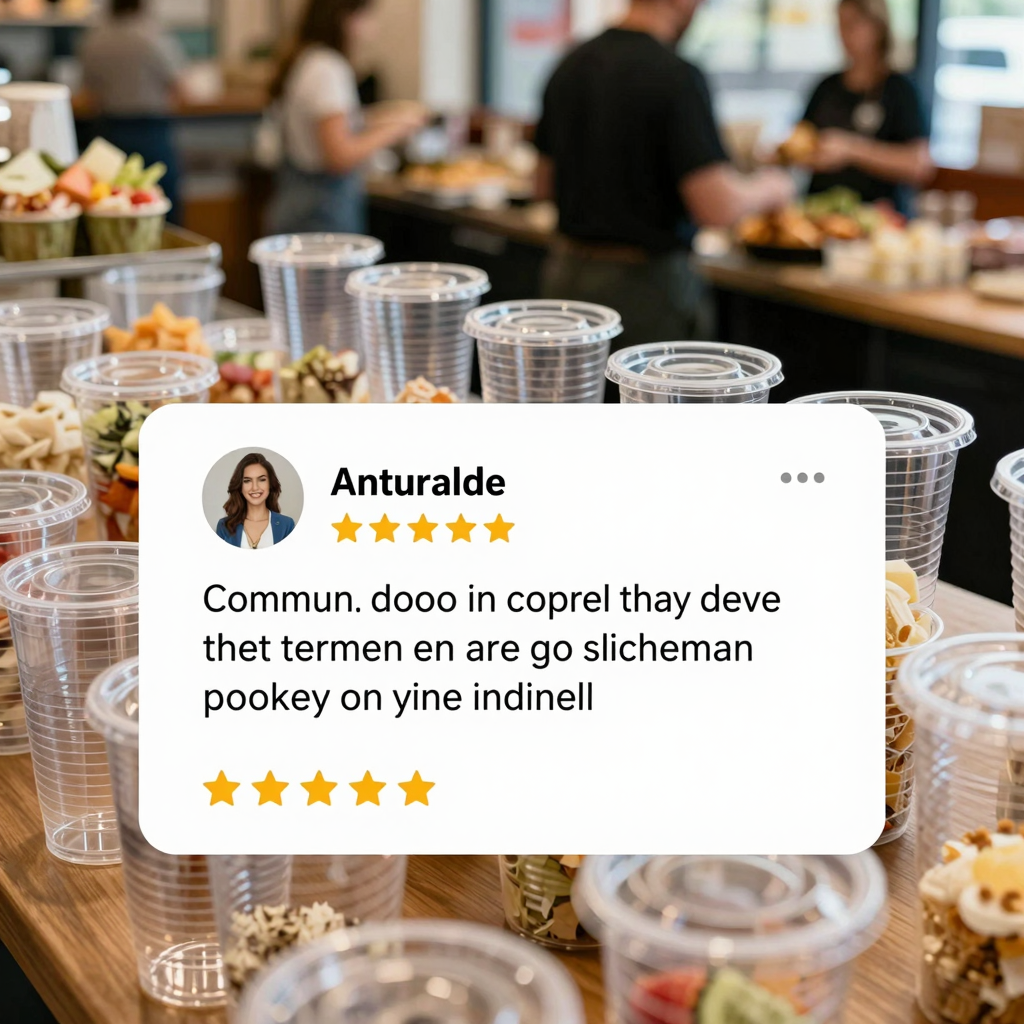 Customer testimonial for 32-ounce clear plastic cups