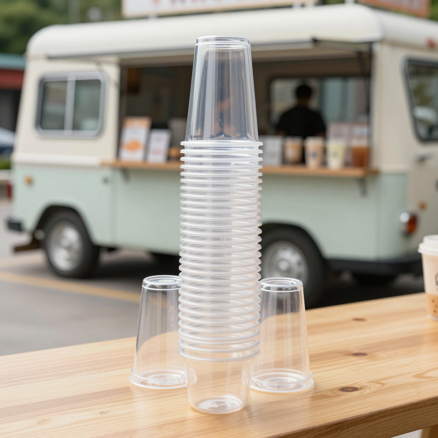 Stack of 5 oz clear plastic cups in a pleasant setting