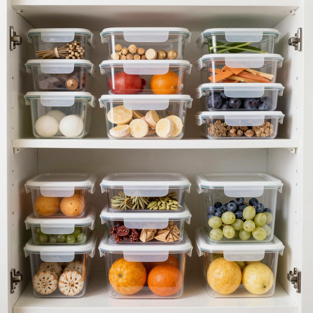 Organized pantry with plastic food storage containers