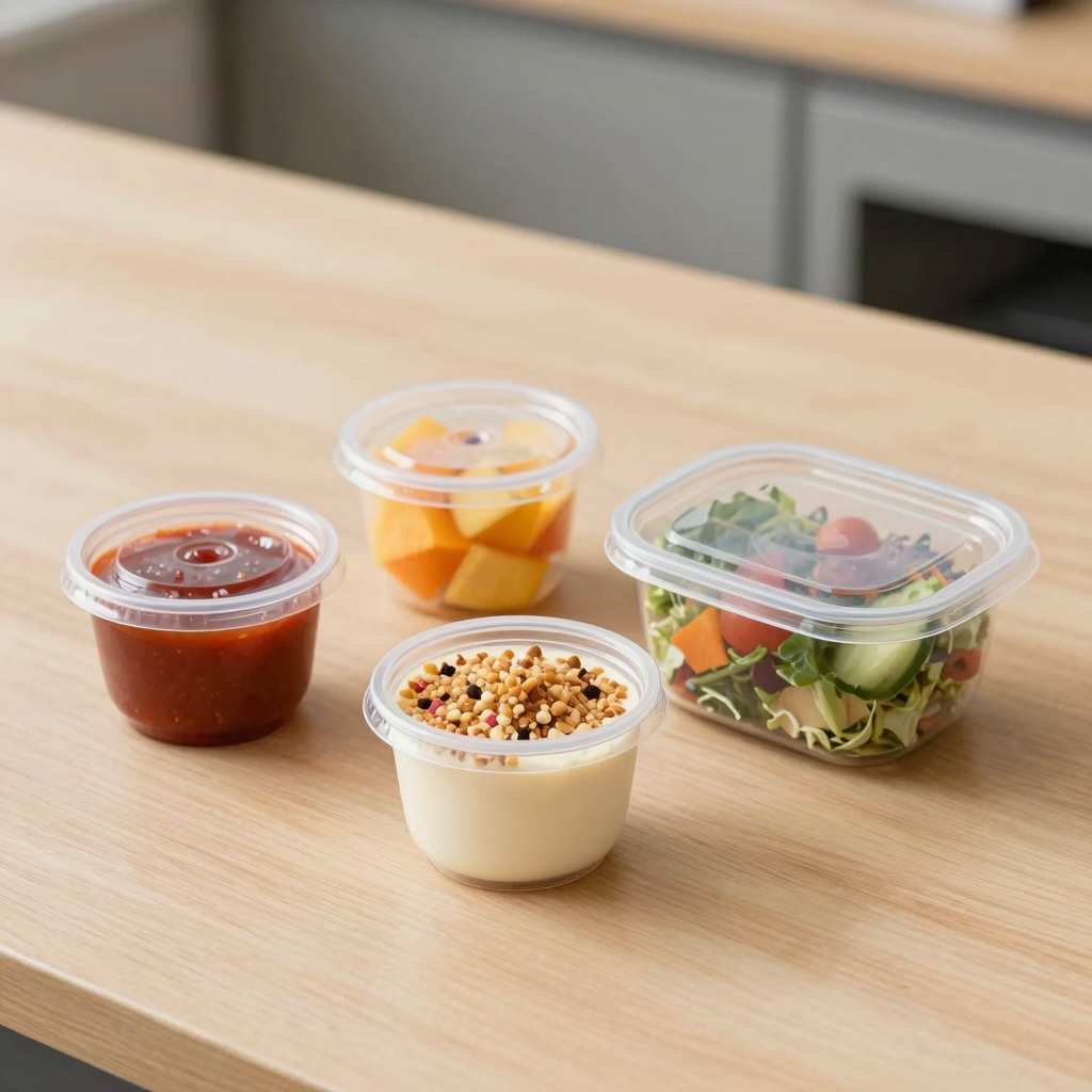 Four types of small plastic food containers: condiment cups, portion cups, souffle cups, and deli containers arranged on a wooden surface
