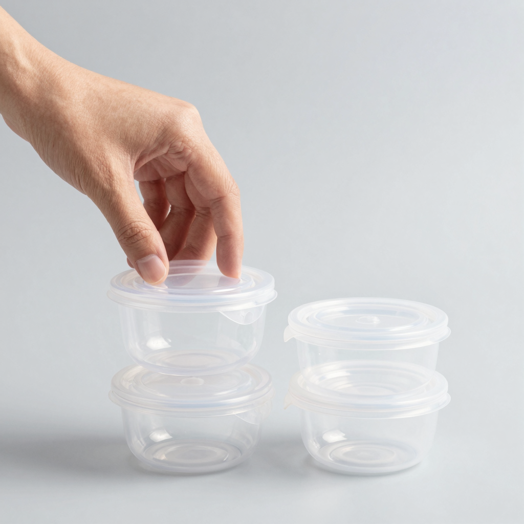 Stack of small plastic containers with secure lid snap seal demonstration