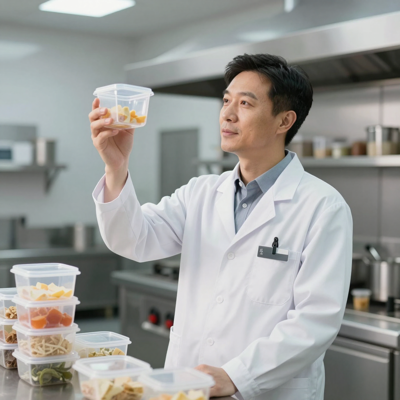 Food safety consultant inspecting plastic food container quality in a commercial kitchen