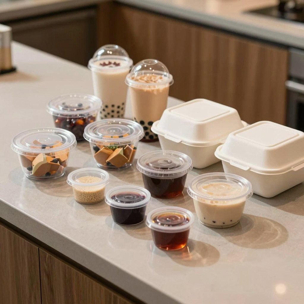 An assortment of small plastic food containers including 2oz to 8oz portion cups, bubble tea cups, takeout boxes, and condiment cups arranged on a professional countertop with warm appetizing lighting.