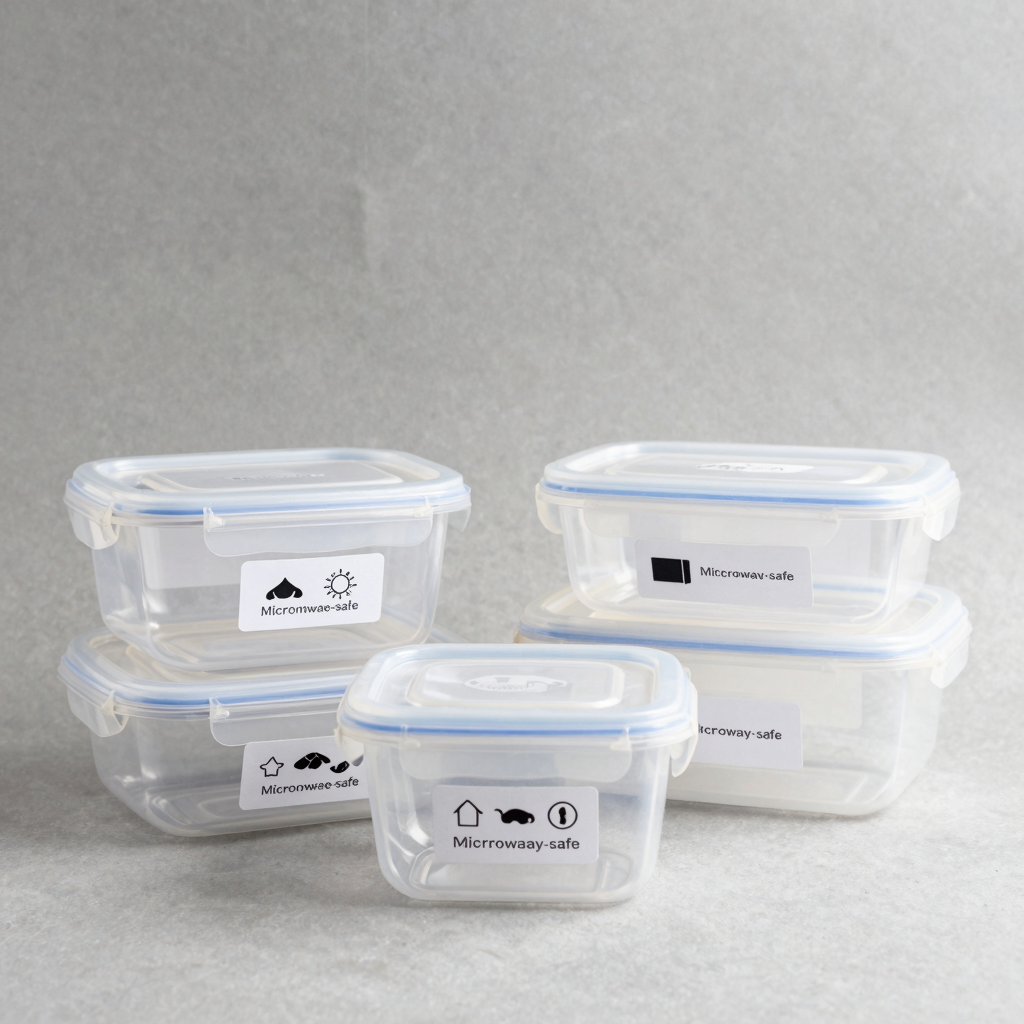 A simple visual image showing different microwave-safe plastic containers with labels indicating microwave safety.