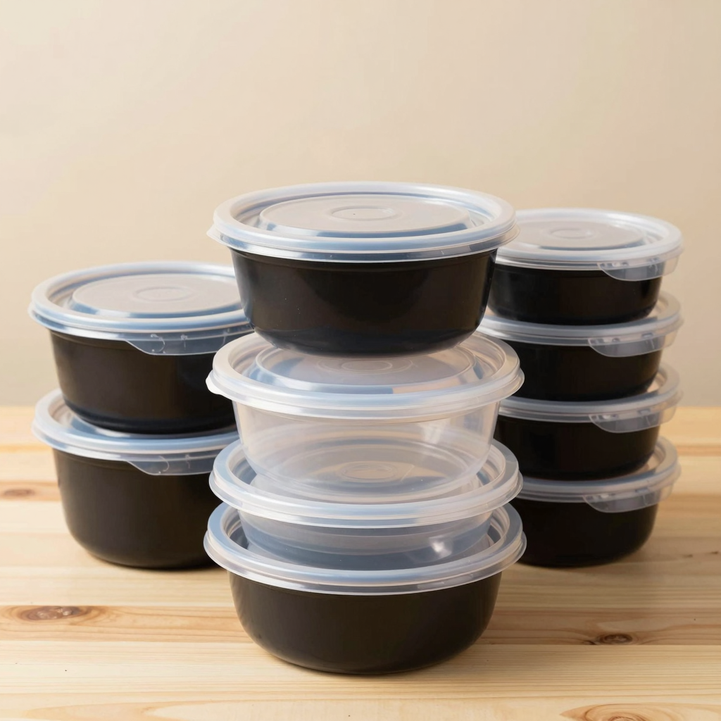 Stack of cheap plastic food containers wholesale - clear and black options neatly organized