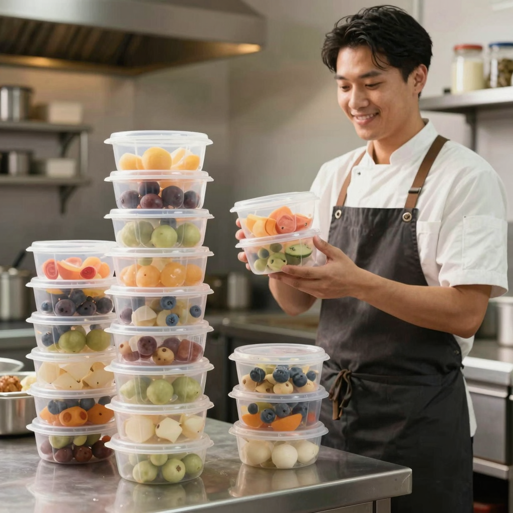 Catering operations manager inspecting food container quality