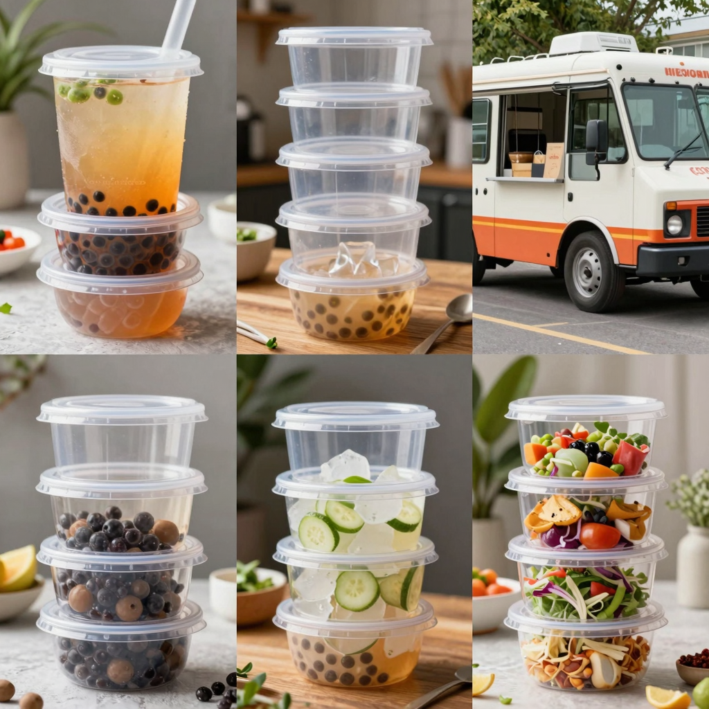 Clear plastic food containers in various settings for food service