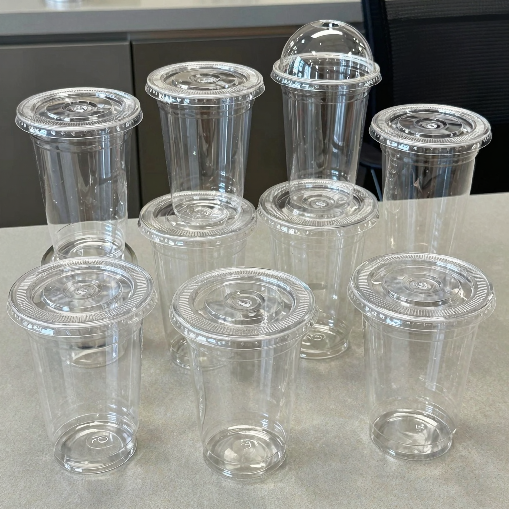 A variety of clear plastic disposable cups with lids in different sizes and shapes.