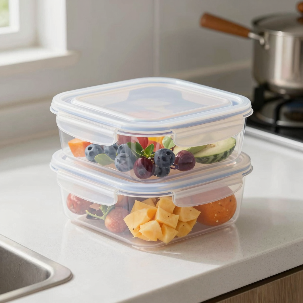 Clear plastic food container with hinged lid in a clean kitchen setting, holding colorful ingredients.