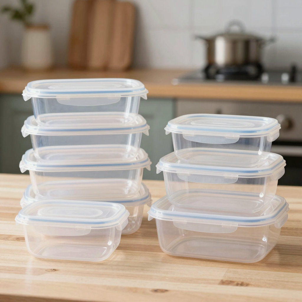 Versatile uses of clear plastic food containers in a kitchen or catering environment