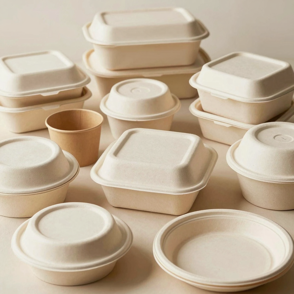 A variety of eco-friendly disposable food containers, including boxes, bowls, plates, and tableware options made from biodegradable materials.