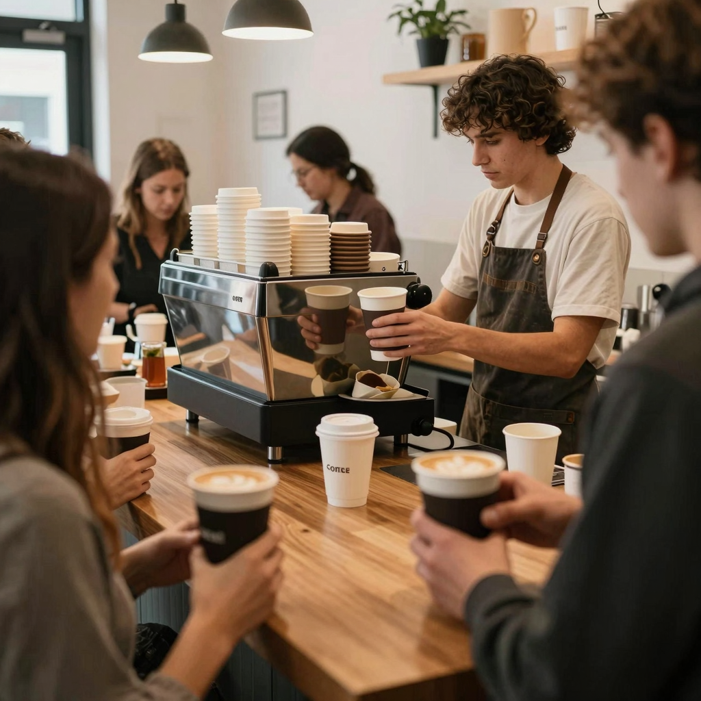 A bustling coffee shop environment showcasing disposable paper coffee cups