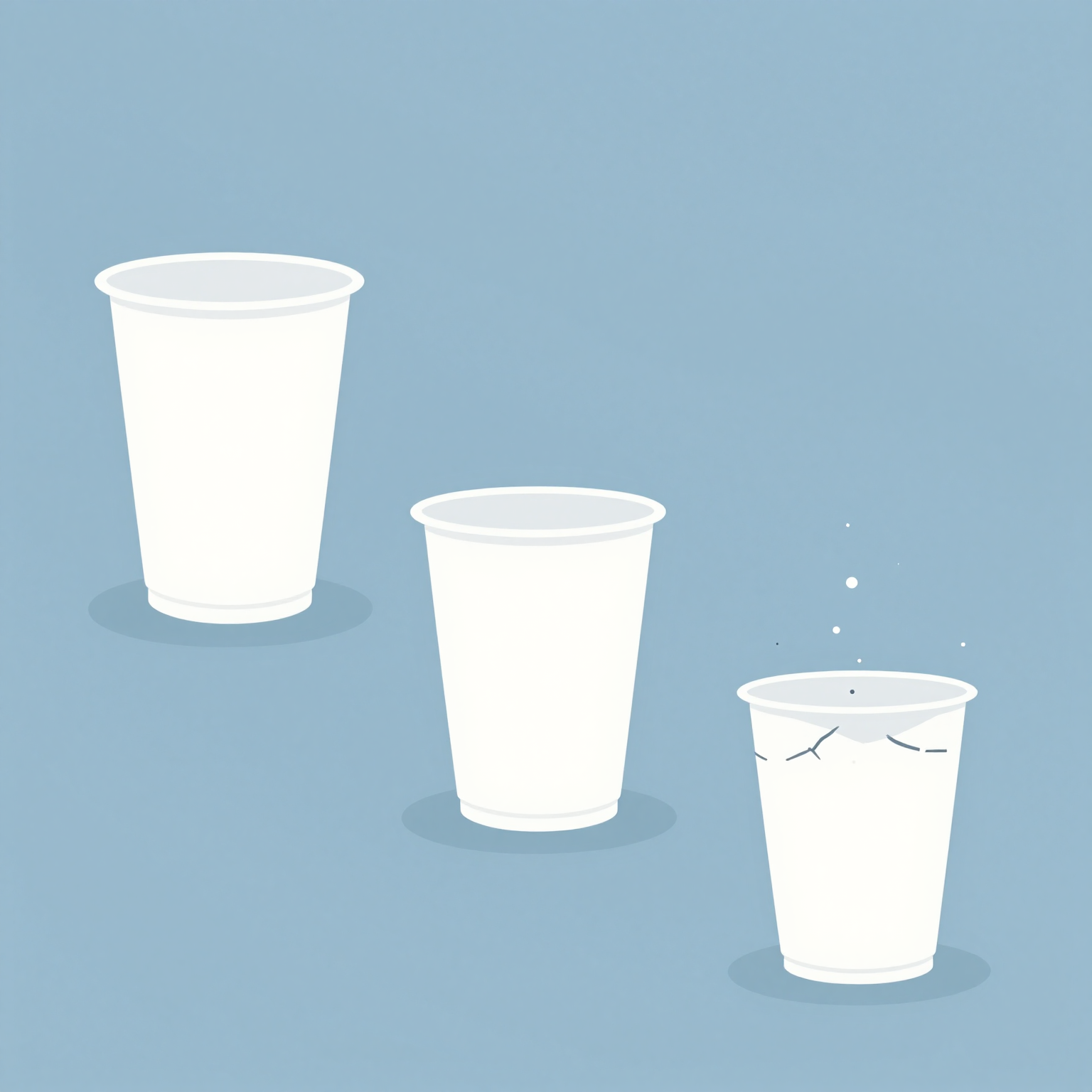 Microplastic formation 3-step visual sequence: pristine plastic cup → cracked & fissured cup → microscopic particles detaching