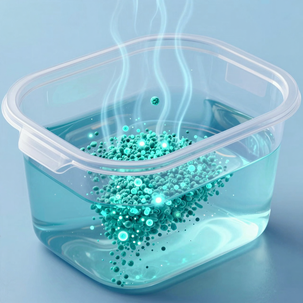 Scientific illustration showing microplastic particles being released from heated plastic containers