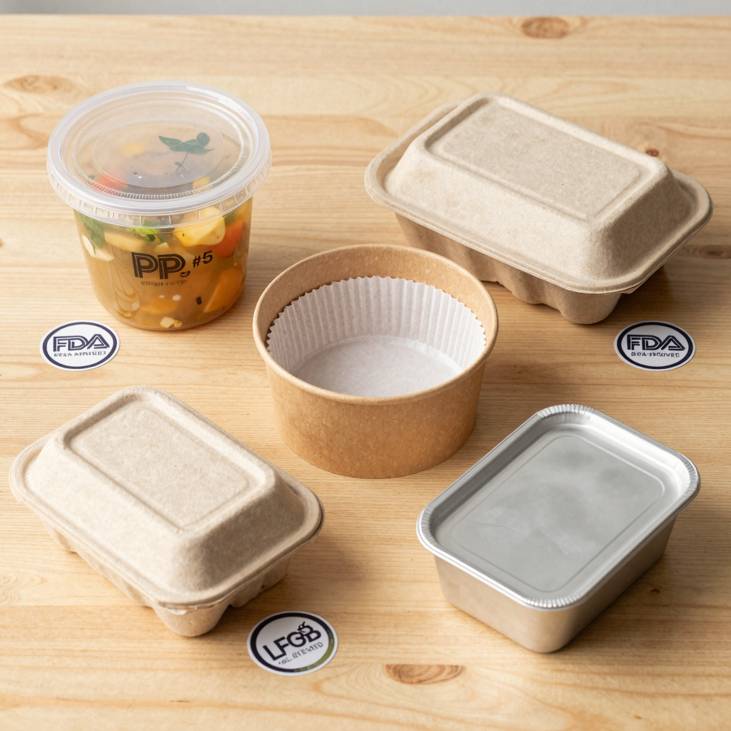 An assortment of safe food container options including PP #5, paper bowls, bagasse boxes, and aluminum containers with certification badges nearby