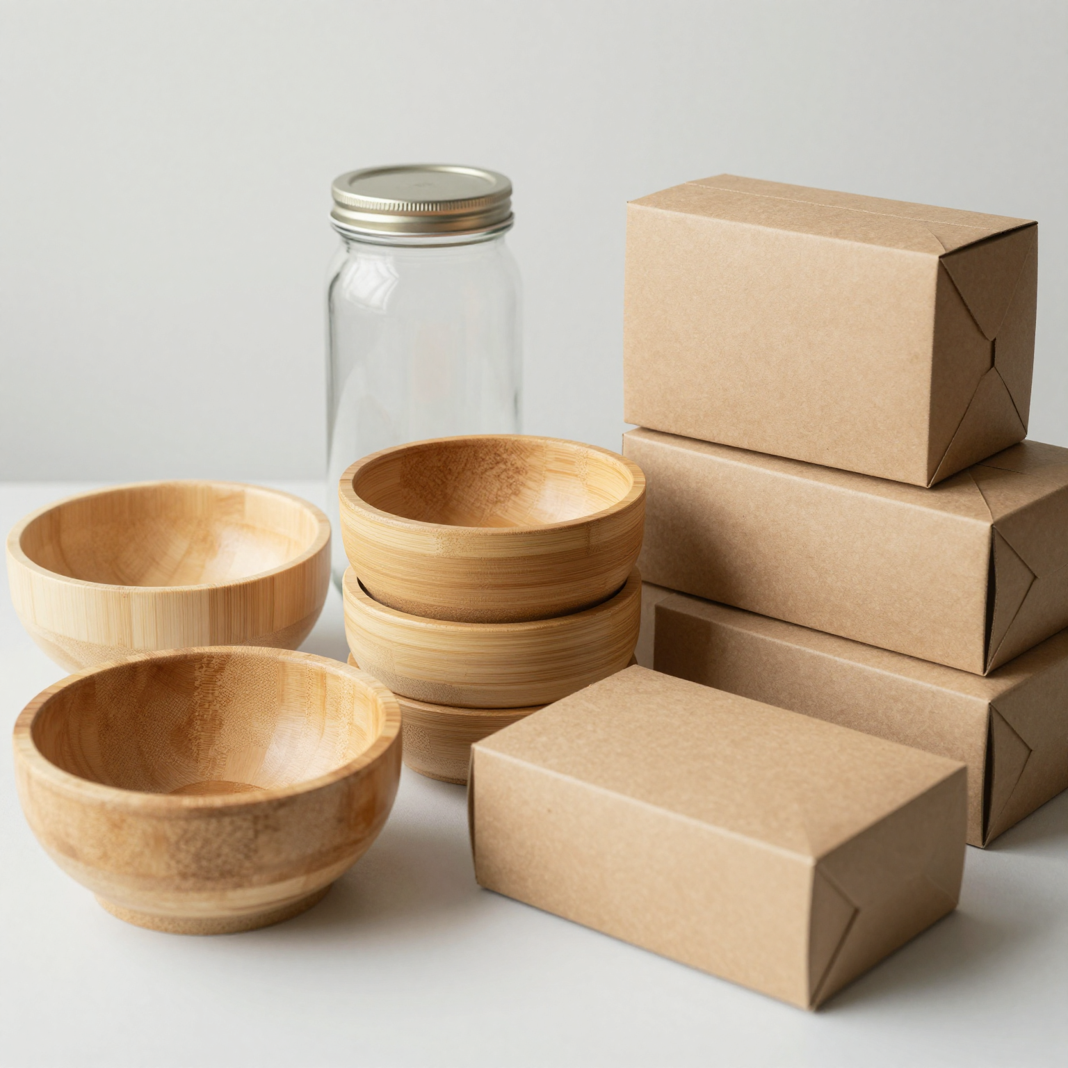 A variety of eco-friendly food containers showcasing bamboo bowls, glass jars, and paper boxes.