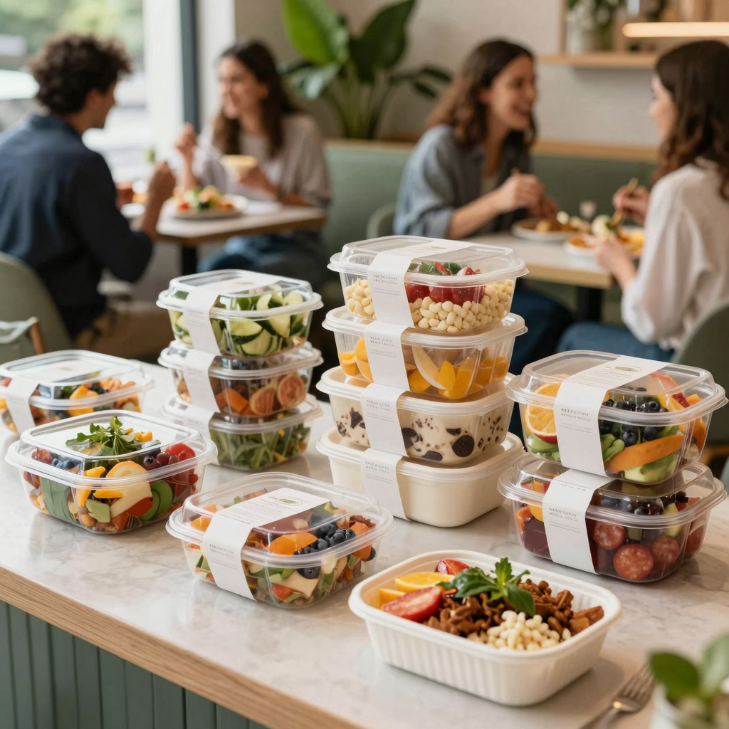 Vibrant cafe setting featuring non-plastic food containers