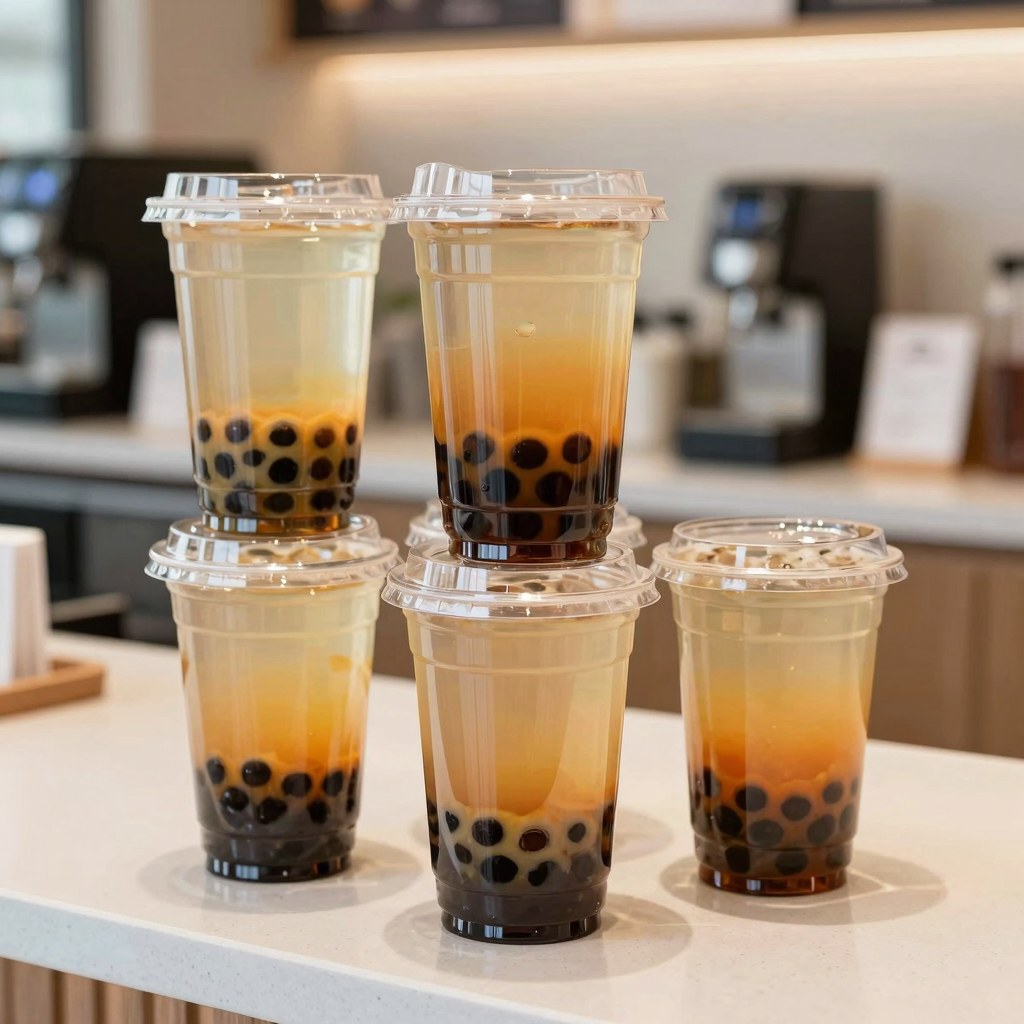 Crystal-clear PET plastic cold cups filled with colorful bubble tea, showcasing the transparency and visual appeal of pet clear plastic cold cups in a modern beverage shop setting