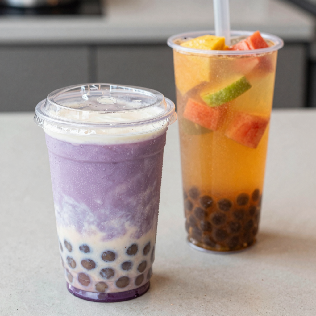 Two clear PET cold cups filled with colorful layered bubble tea drinks, showing tapioca pearls and fruit pieces