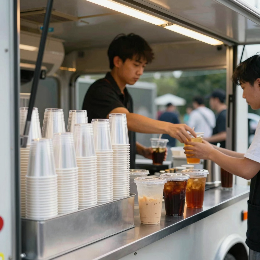 PET clear plastic cold cups on a food truck counter, showing stackable storage and leak-resistant lids