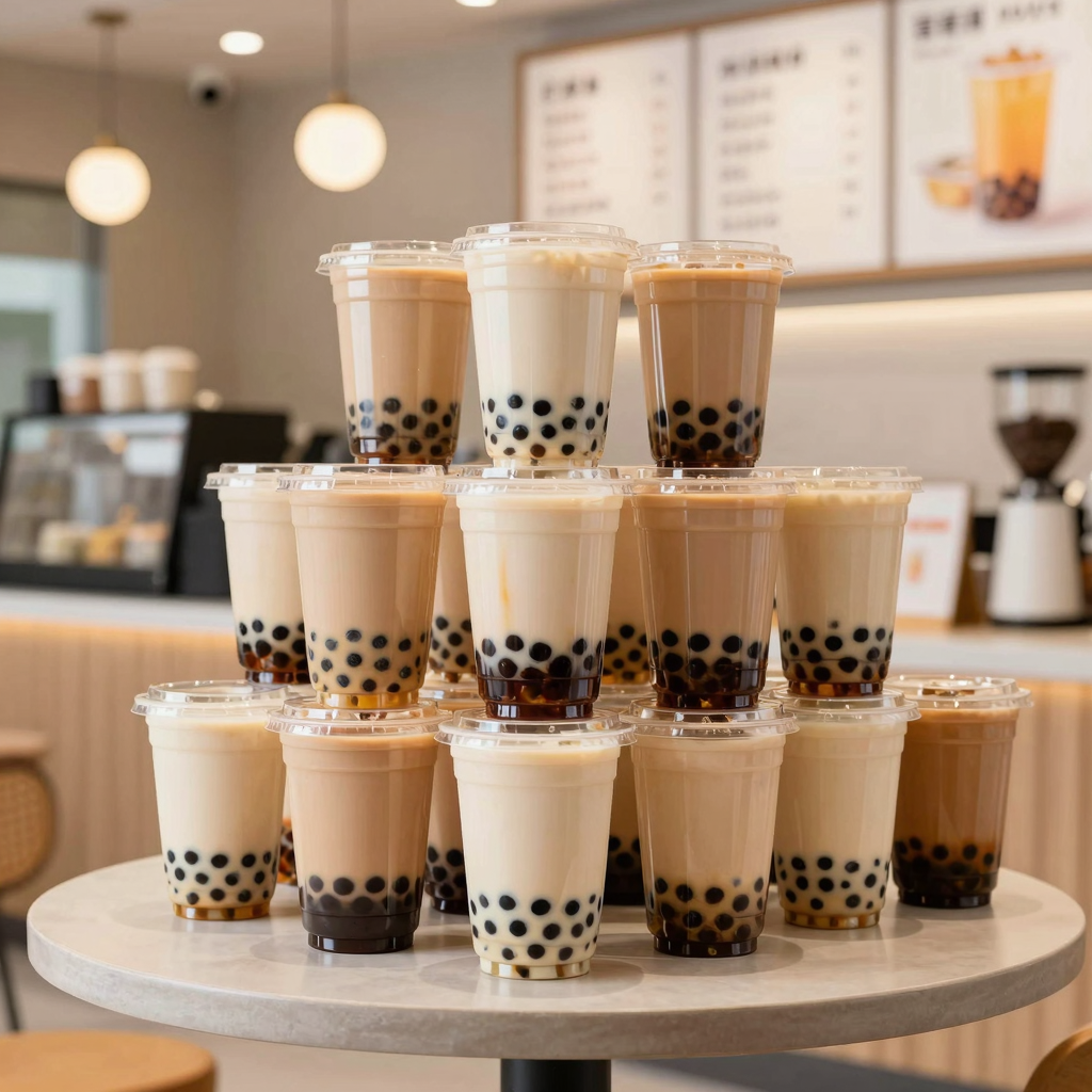 Crystal-clear PET cold cups showcasing vibrant bubble tea beverages with tapioca pearls - the perfect presentation for your business