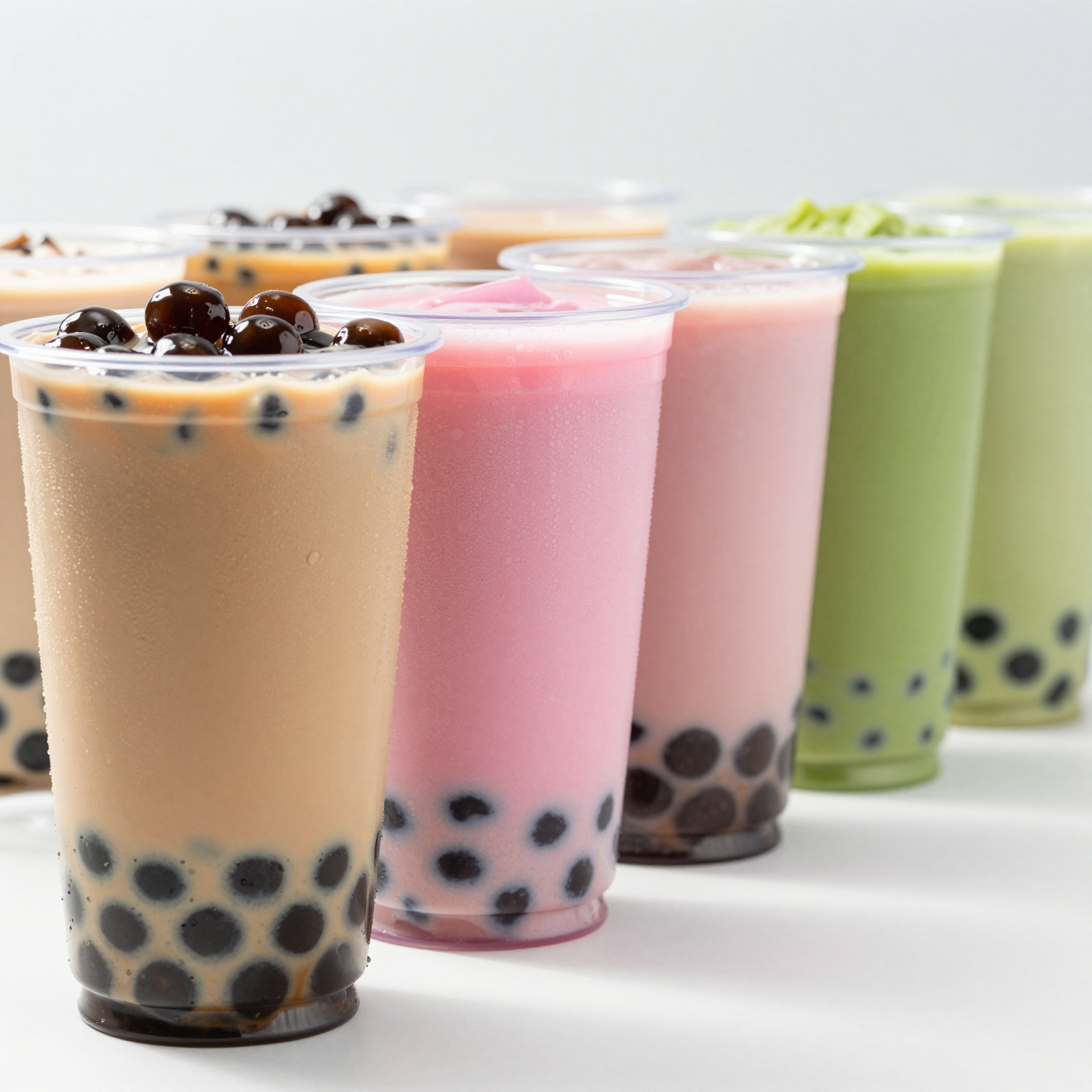 A row of crystal-clear PET plastic cold cups filled with colorful bubble tea drinks - tapioca pearls visible, condensation beading on the sides, bright natural lighting.