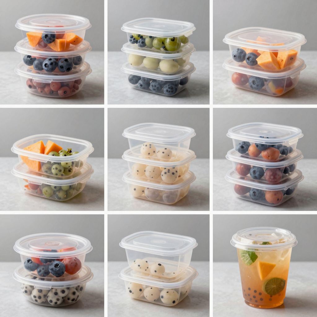 Different styles and types of plastic food containers suitable for businesses in San Antonio, Chile. Emphasizes designs for practical uses like storing food and beverages.
