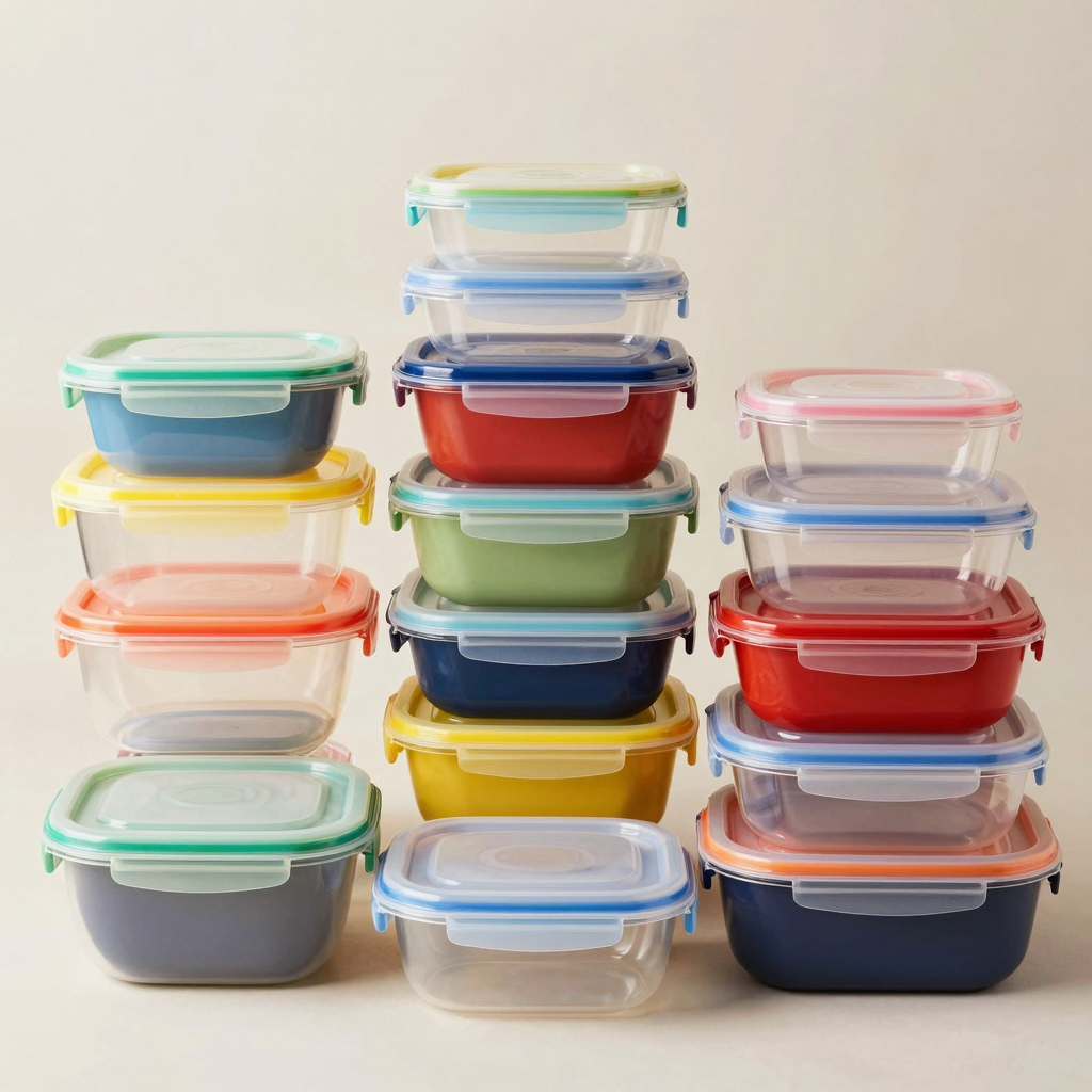 A range of colorful plastic food containers