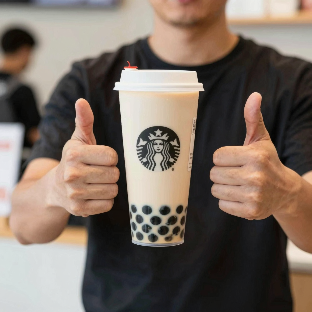 Happy customer with disposable plastic cup