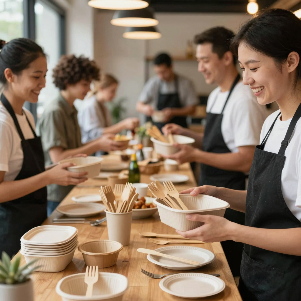 Food service professionals using disposable tableware