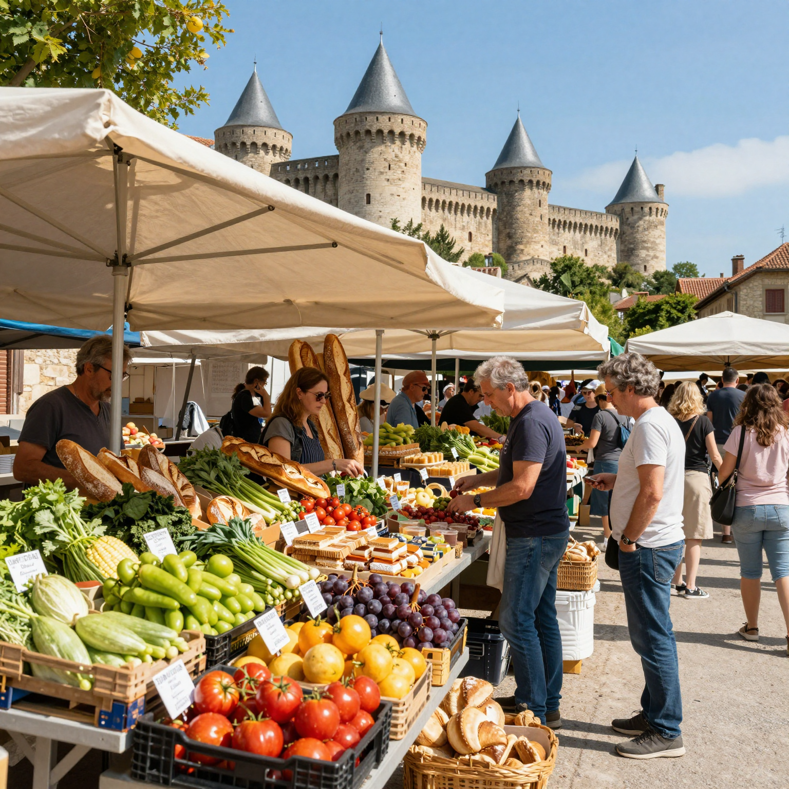 Local market scene in Carcassonne, France
