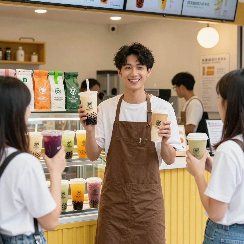 A happy beverage shop owner standing in front of a colorful bubble tea display