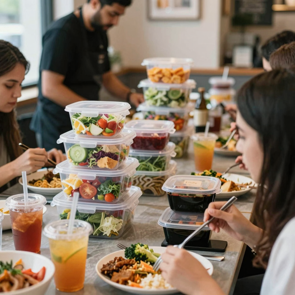 A vibrant restaurant setting featuring various plastic food containers in use.
