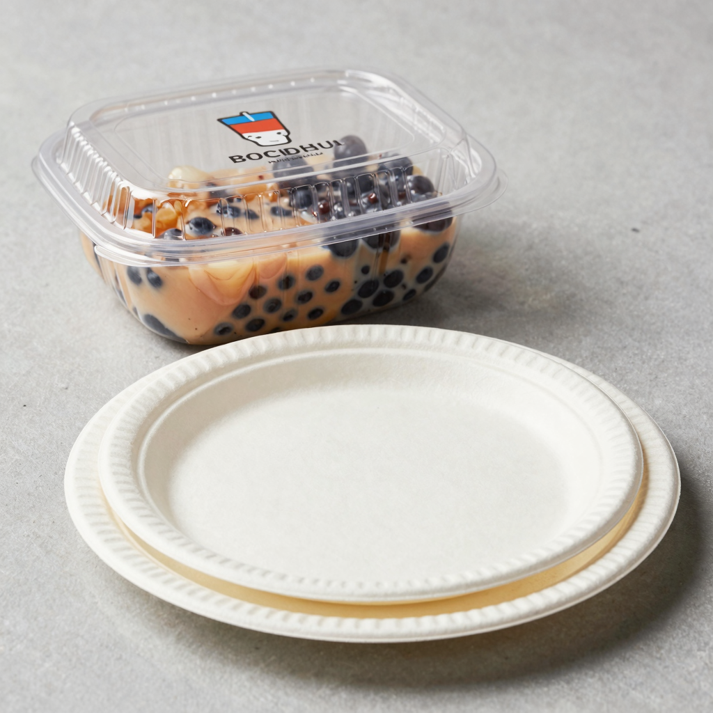 Plastic paper container plates in 4 inch and 8 inch sizes, showcasing their use with various foods.