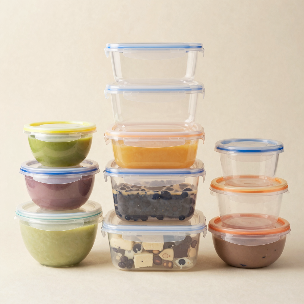 Various plastic food storage containers in diverse sizes and styles