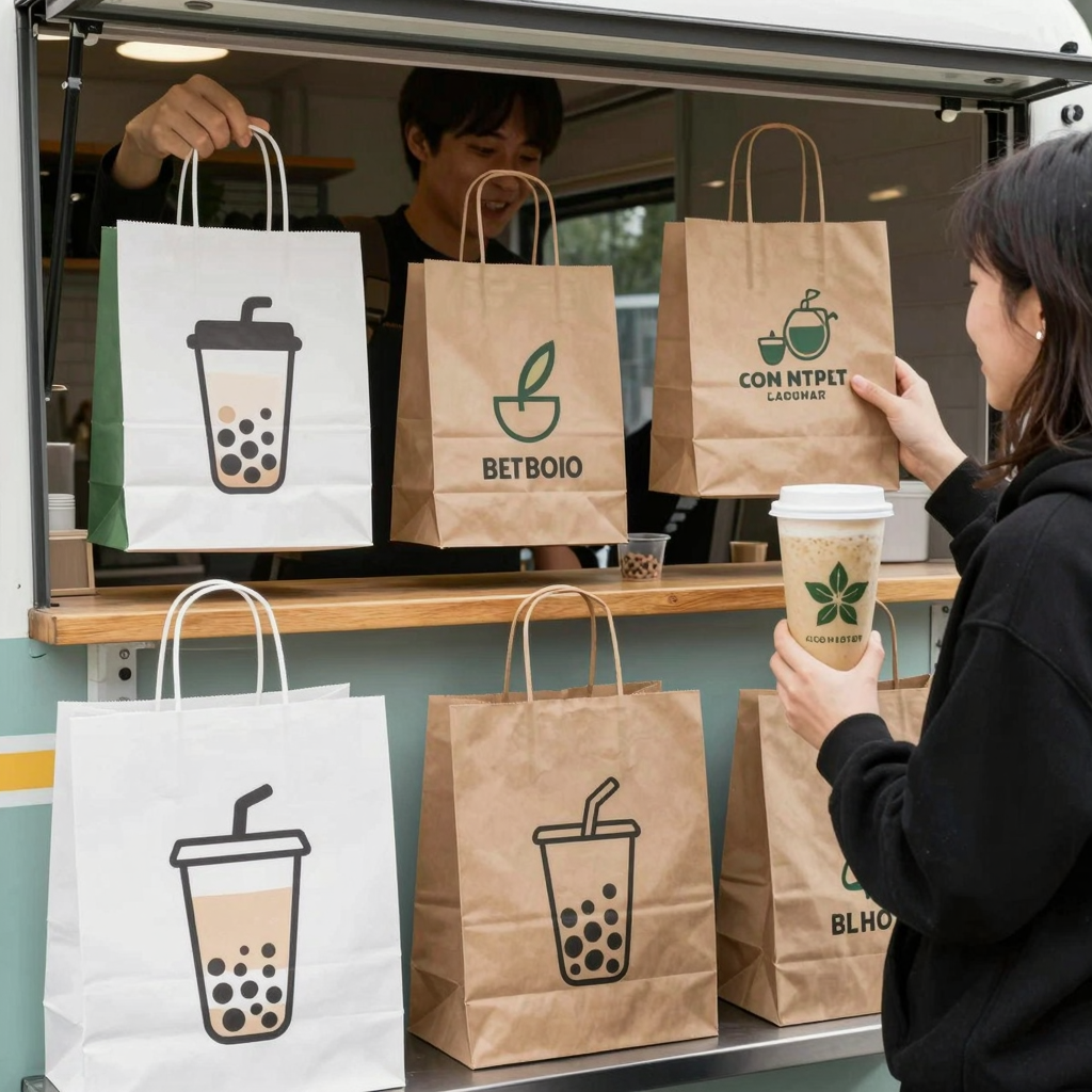 Recycled paper bags in a bubble tea shop setting